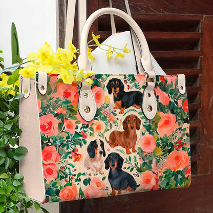  Leather Bag Dog Leather Bag Floral Dachshunds Ver2