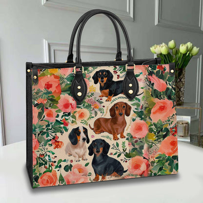  Leather Bag Dog Leather Bag Floral Dachshunds Ver2
