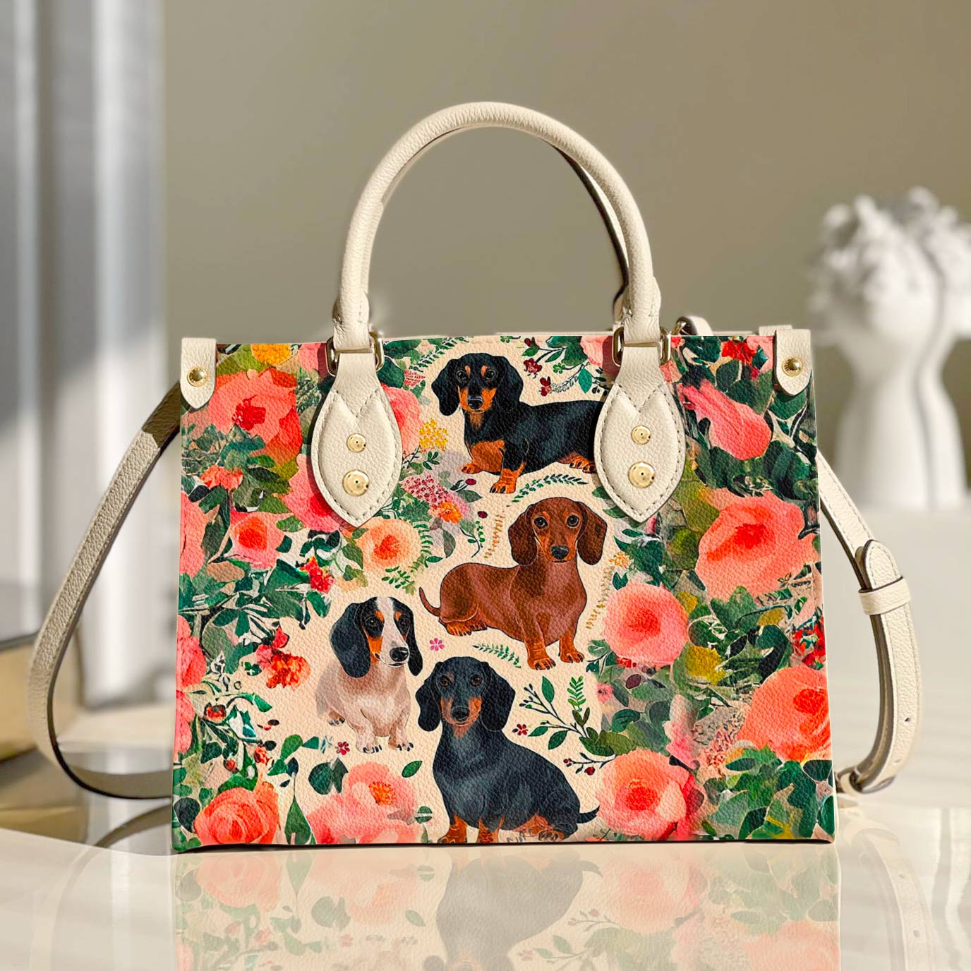  Leather Bag Dog Leather Bag Floral Dachshunds Ver2