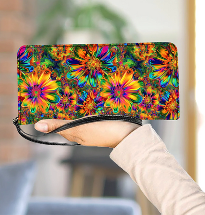  Hippie Gorgeous Flower Power Leather Clutch Purse With Wristlet Strap Handle