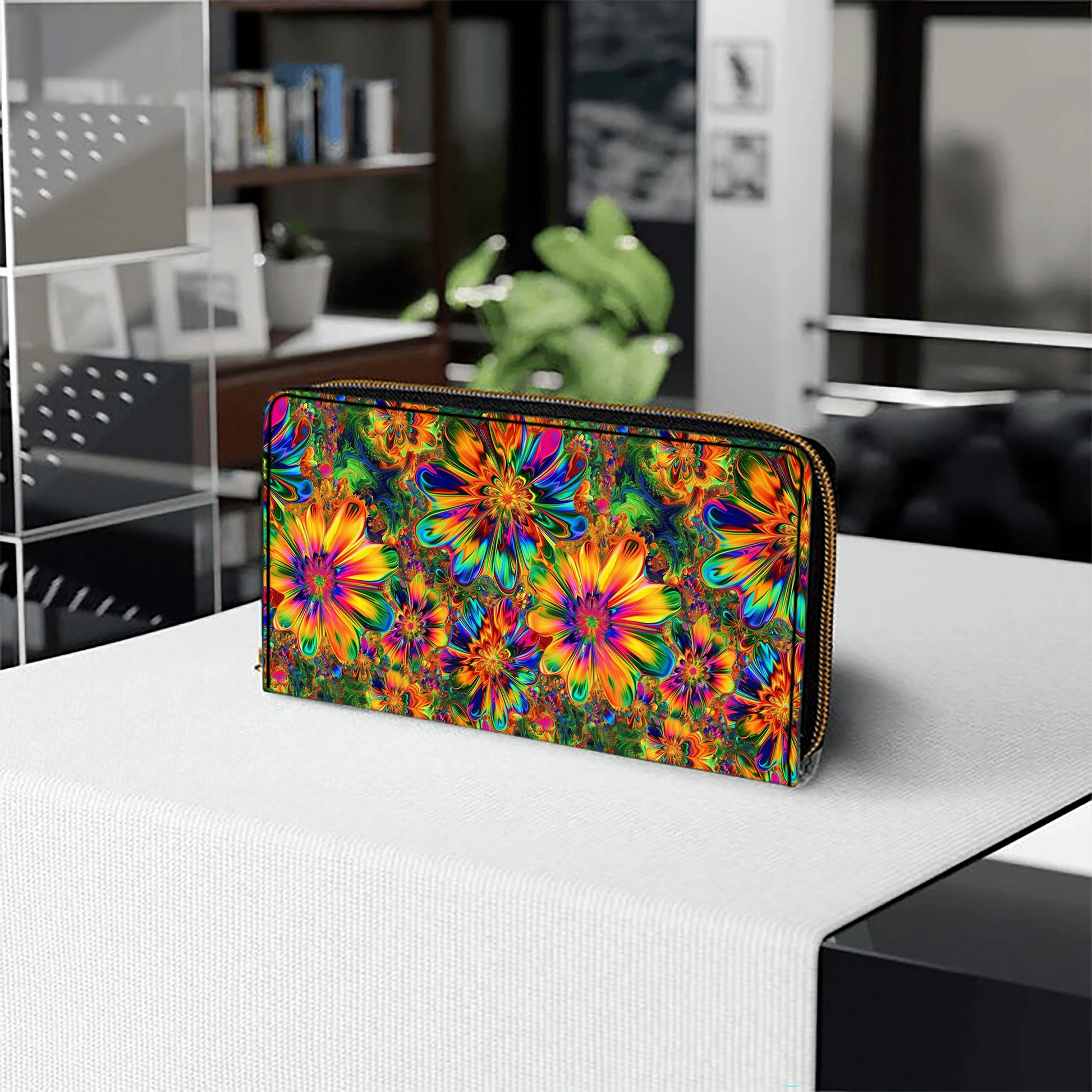  Hippie Gorgeous Flower Power Leather Clutch Purse With Wristlet Strap Handle