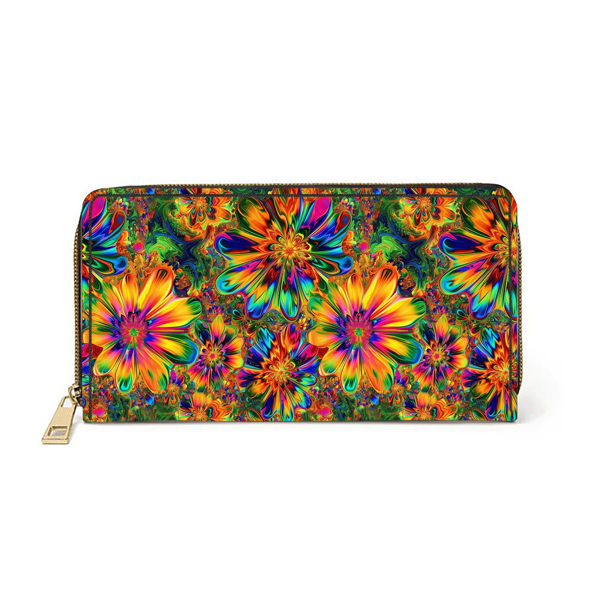  Hippie Gorgeous Flower Power Leather Clutch Purse With Wristlet Strap Handle