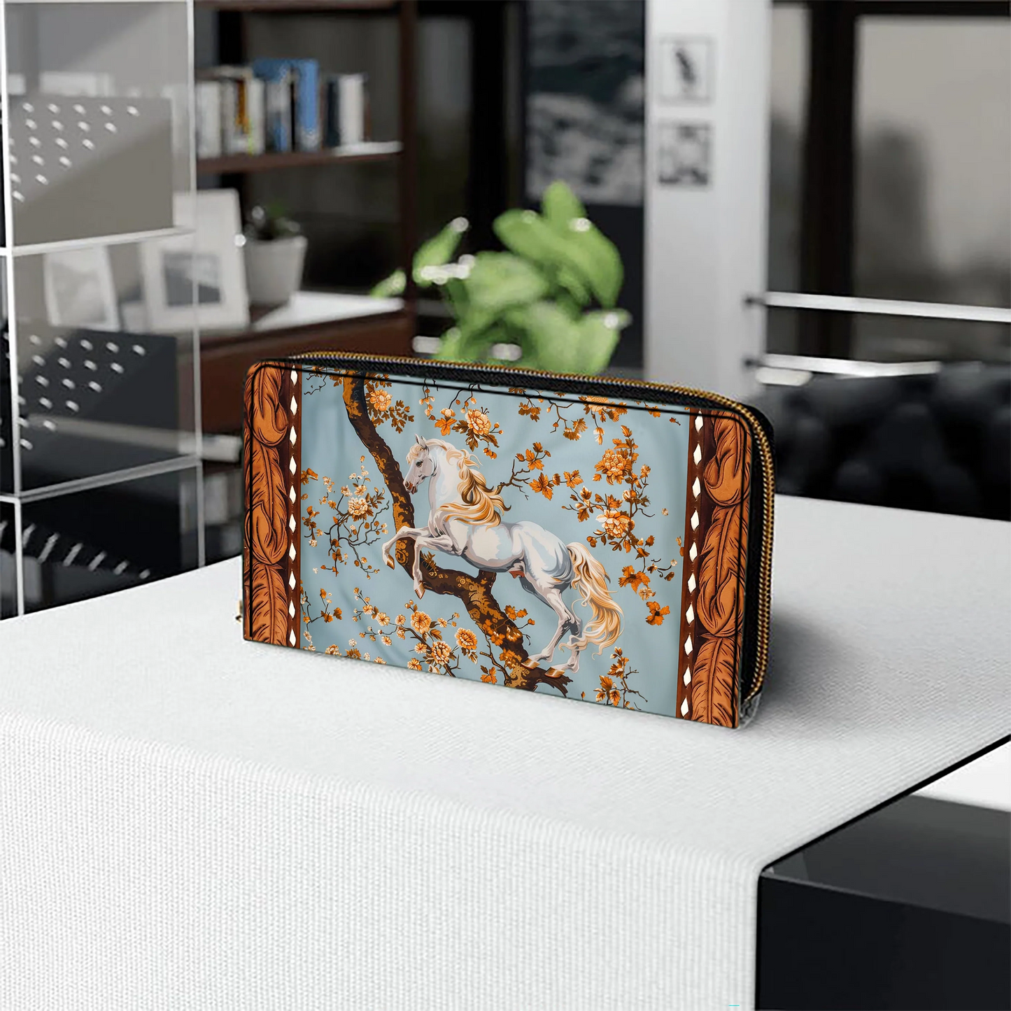 Equestrian Blossom Leather Clutch Purse With Wristlet Strap Handle