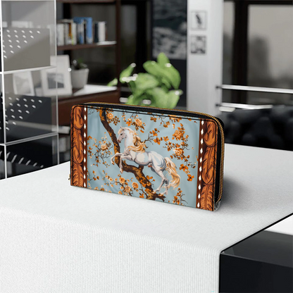 Equestrian Blossom Leather Clutch Purse With Wristlet Strap Handle