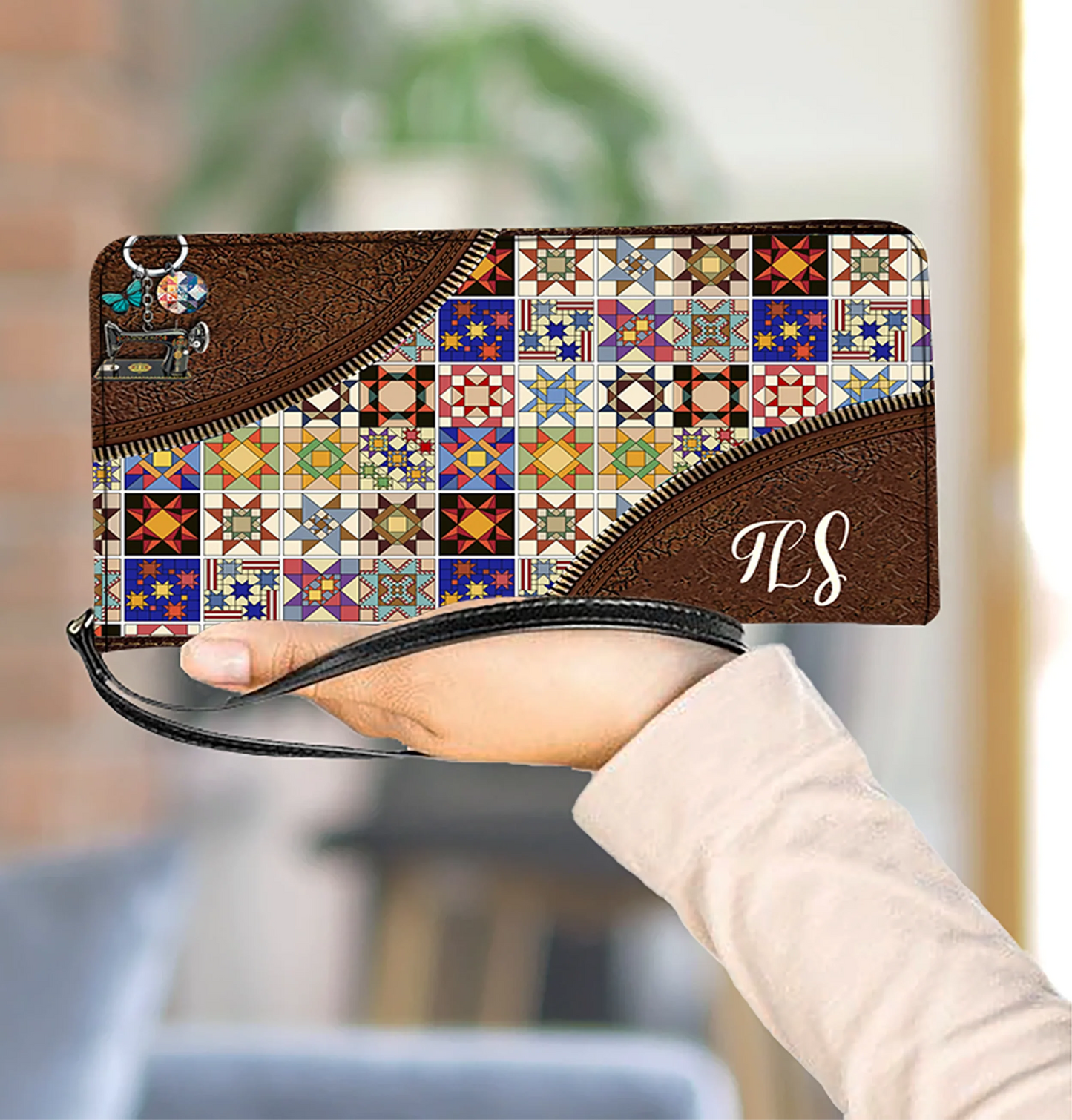  Colorful Quilt Blocks TLS Leather Clutch Purse With Wristlet Strap Handle