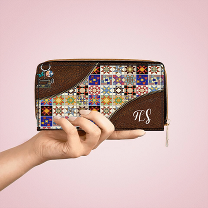  Colorful Quilt Blocks TLS Leather Clutch Purse With Wristlet Strap Handle