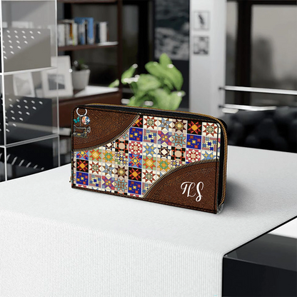  Colorful Quilt Blocks TLS Leather Clutch Purse With Wristlet Strap Handle