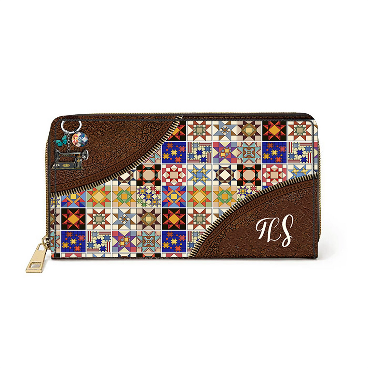  Colorful Quilt Blocks TLS Leather Clutch Purse With Wristlet Strap Handle
