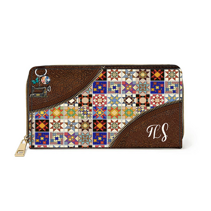  Colorful Quilt Blocks TLS Leather Clutch Purse With Wristlet Strap Handle