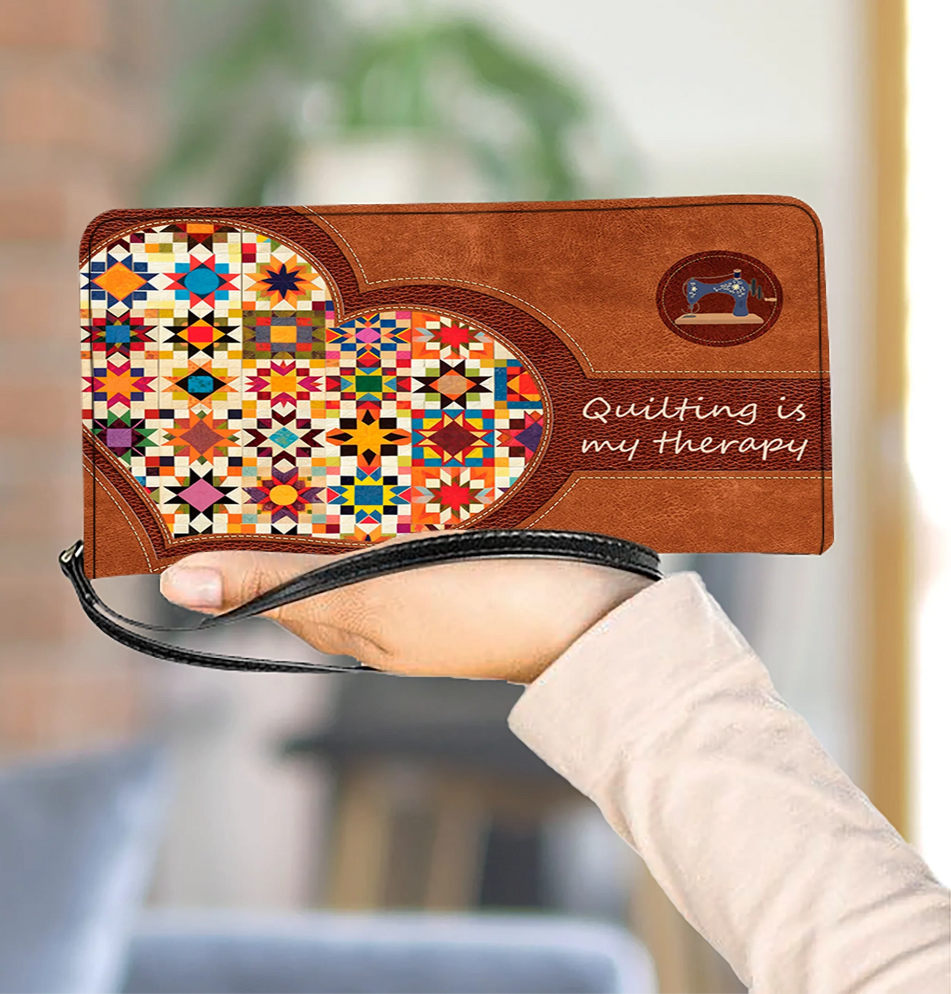  Quilting Is My Therapy Leather Clutch Purse With Wristlet Strap Handle