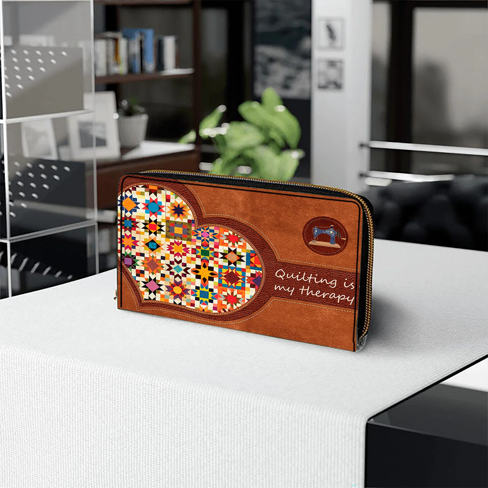 Quilting Is My Therapy Leather Clutch Purse With Wristlet Strap Handle